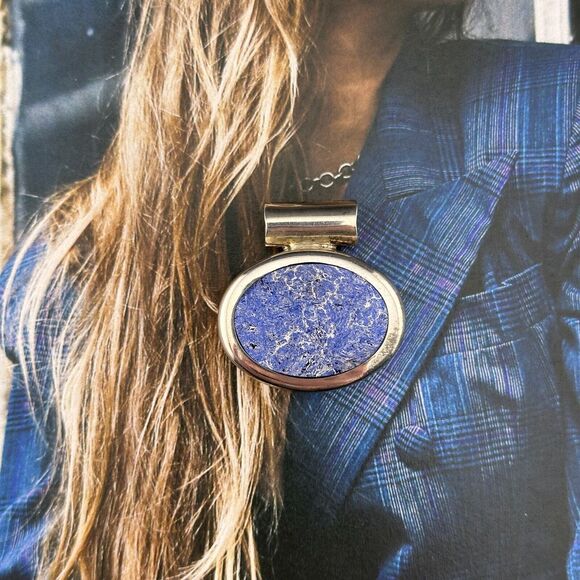 Vintage Mexico ATI Unique Natural Blue Stone 925 Silver Oval Pendant 12.4 g - Picture 5 of 12